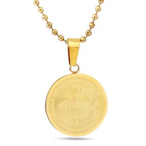 European and American Personalized Titanium Steel Bitcoin Virtual Coin Round 25MM Pendant Necklace Stainless Steel Bitcoin Commemorative Necklace Wholesale