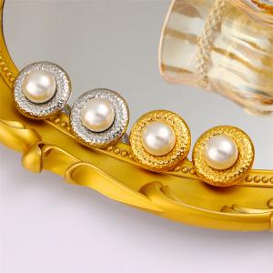 Retro Hong Kong style imitation pearl round earrings made of stainless steel, with a light luxury style for women