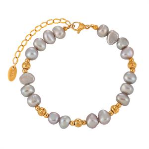 French retro temperament gray freshwater pearl handmade bead bracelet for women's fashion personality gold-plated titanium steel jewelry