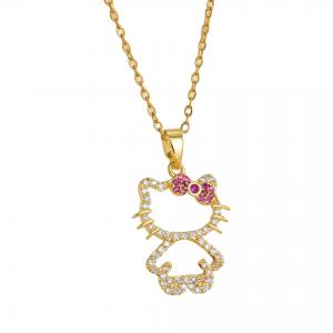 New design KT cat pendant necklace with micro inlaid zircon copper plated real gold jewelry, versatile collarbone chain 