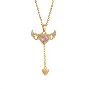 Necklace Cupid's Heart Pink Zirconia Copper Micro inlaid with Dynamic Wings Mobile Necklace Women's Light Luxury Clavicle Chain Accessories