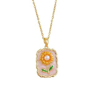 Middle ancient style oil painting necklace, women's drip oil painting, French flower pendant, Monet garden, spring and summer pearl collarbone chain