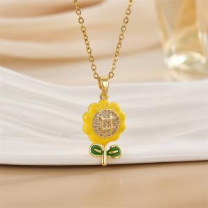 Drip oil micro inlaid yellow small flower pendant, light luxury necklace, women's high-end feel, no fading titanium steel lock chain