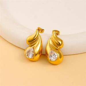 18K gold-plated titanium steel earrings with exaggerated design, double water drop zircon earrings for women, light luxury style stainless steel earrings